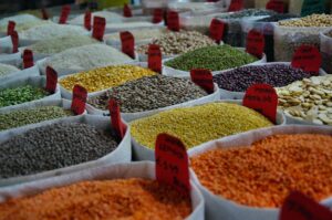 whole grains in bins at a market